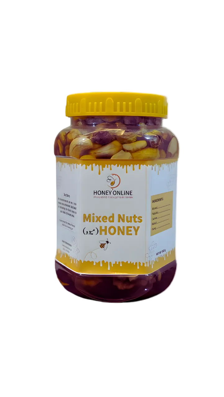 Jar of mixed nuts with honey on a white background