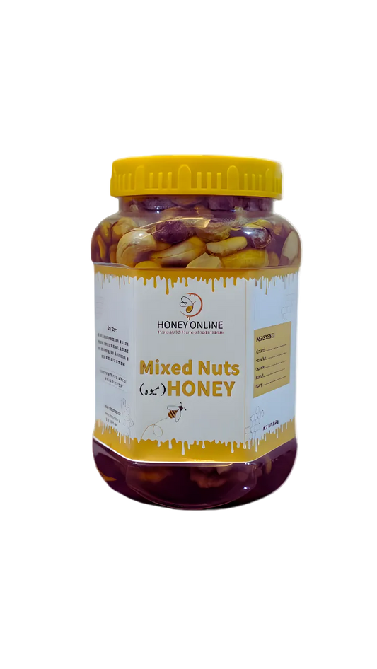 Jar of mixed nuts with honey on a white background